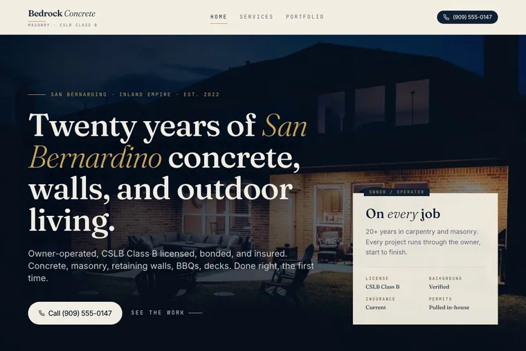 Screenshot of a live Concrete contractor · San Bernardino website I built