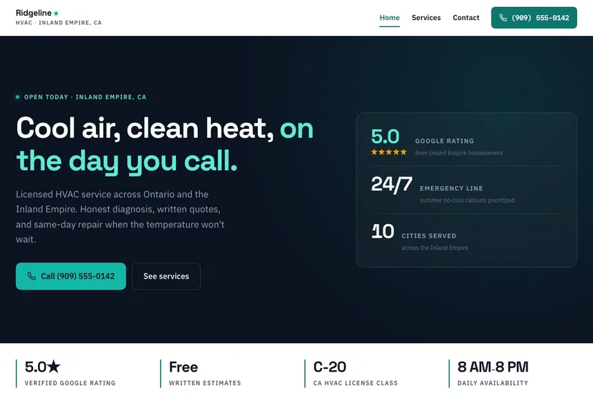 Screenshot of a live HVAC company · Inland Empire website I built