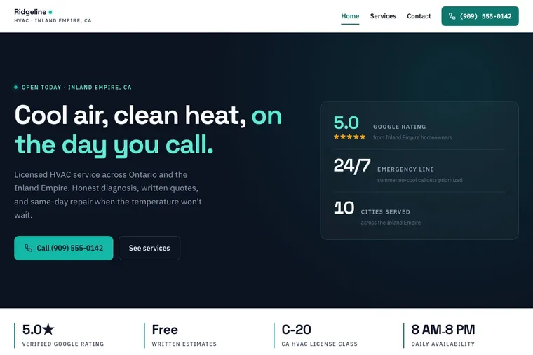 Screenshot of a live HVAC company · Inland Empire website I built