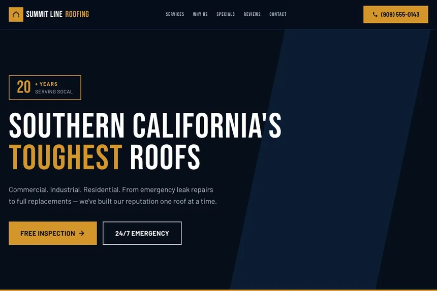 Screenshot of a live Roofing company · Southern California website I built